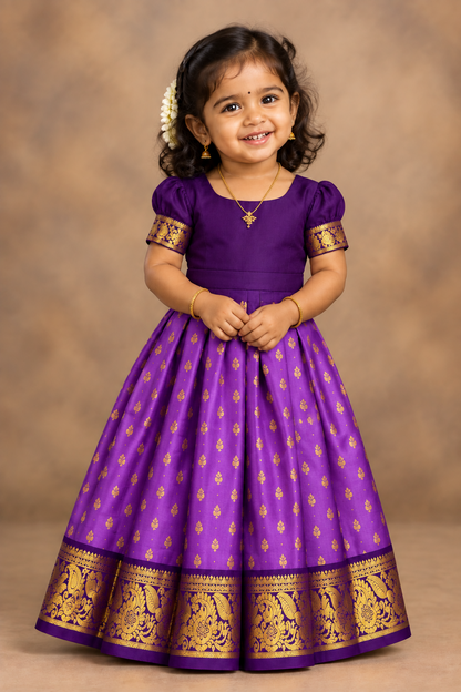 Lavender Shade Pure Kanchipuram Kids Pattu Pavadai with Contrast Border for Newborn to 2 Years