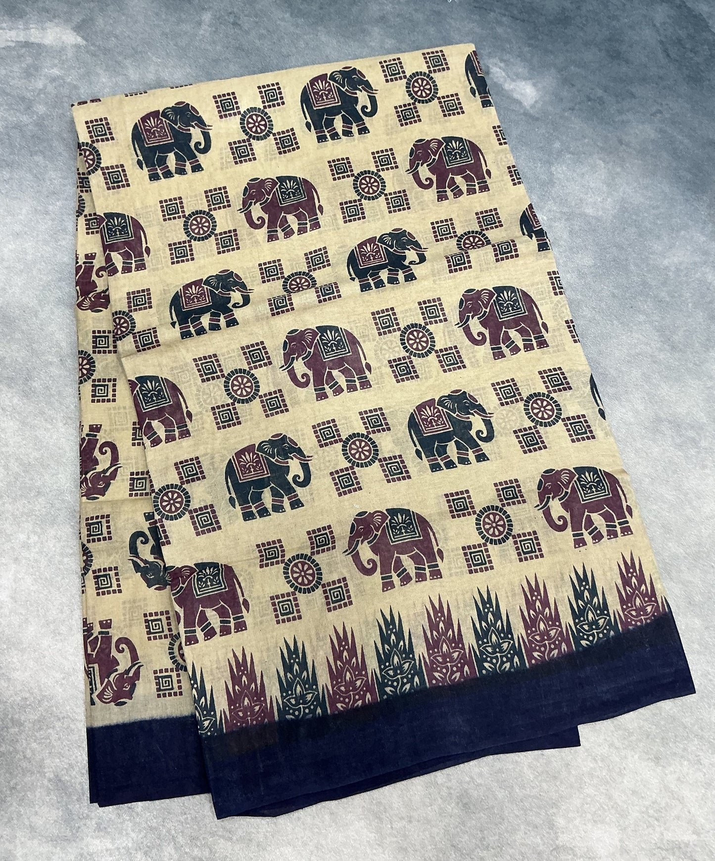 Chettinad Sungudi Cotton Sandal Colour with Navy Blue Colour Border