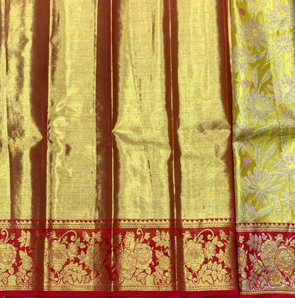 Yellow Shade Pure Kanchipuram Kids Pattu Pavadai with Contrast Border for Newborn to 2 Years