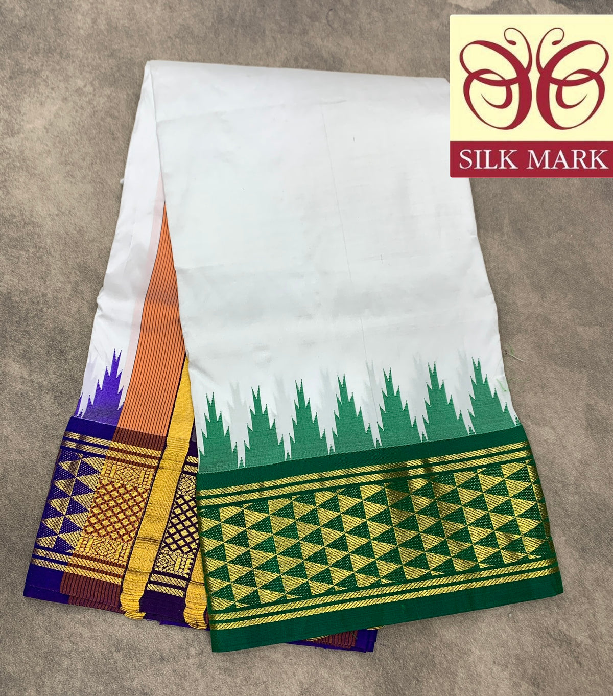 6 Mulam Silk Pooja Towel White Colour with Ganga Jamuna Korvai Border