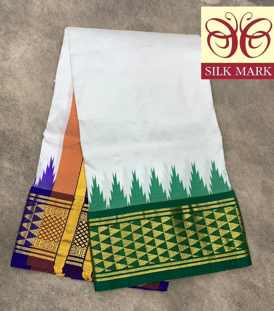 6 Mulam Silk Pooja Towel White Colour with Ganga Jamuna Korvai Border