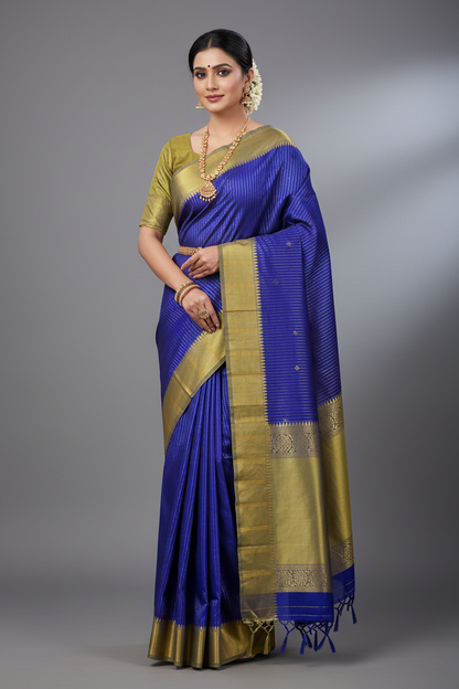 Arani Silk Saree Blue Colour with Yellow Green Border