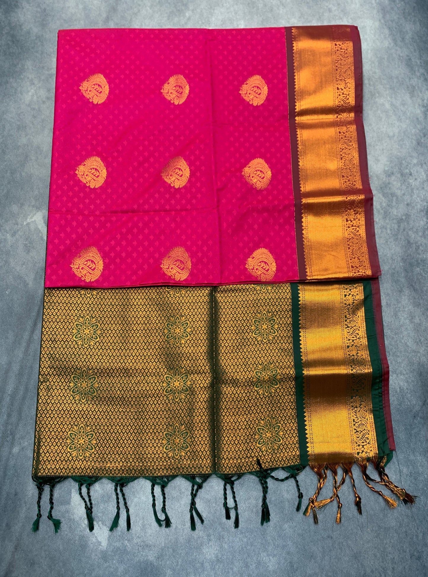 Soft Vegan Silk Saree Tomato Pink Colour with Green and Copper Border