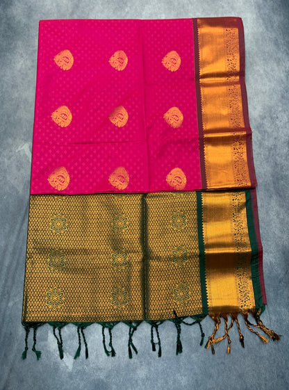 Soft Vegan Silk Saree Tomato Pink Colour with Green and Copper Border