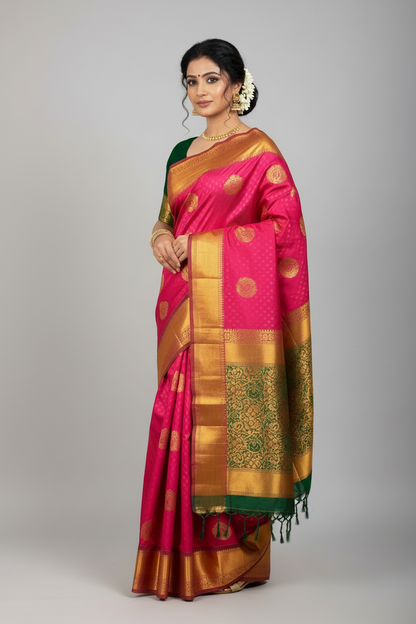 Soft Vegan Silk Saree Tomato Pink Colour with Green and Copper Border