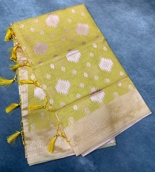 Banaras Katan Saree Yellow Colour with Katan Work Border