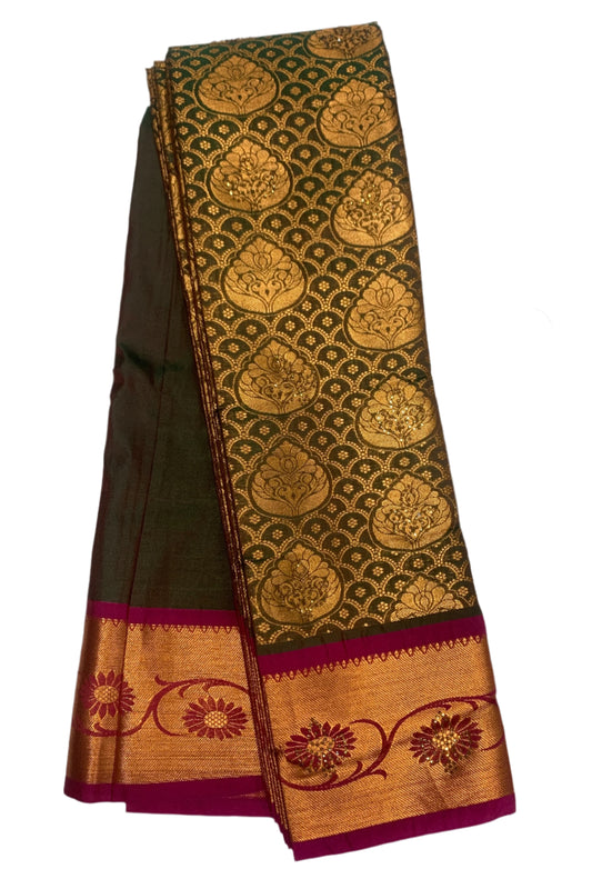 Vegan Silk Saree Olive Green Colour with Copper and Pink Border