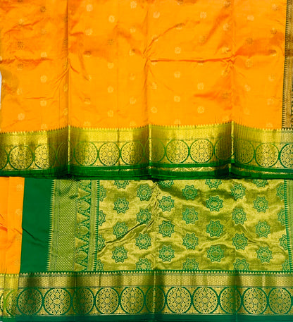 Pure Kanchipuram Silk Saree Yellow shade with Green Border