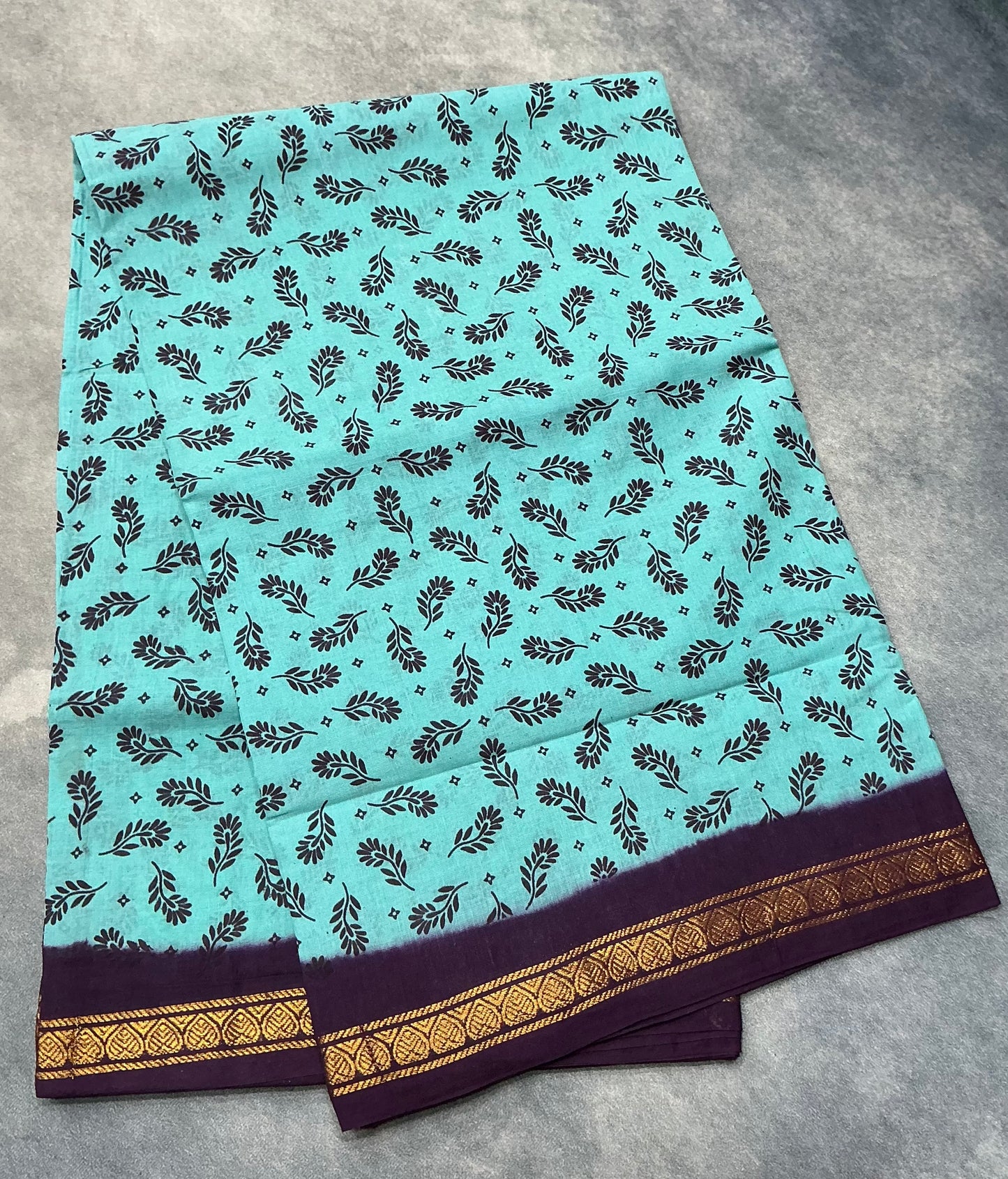 Chettinad Sungudi Cotton Sapphire Colour with Brown Colour Border