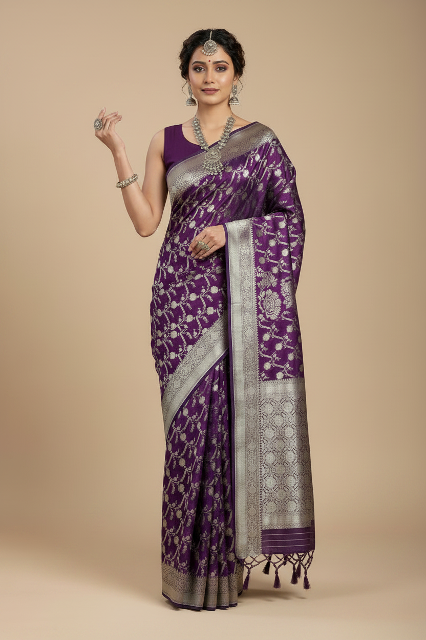 Pure Banaras Silk Saree Chocolate Brown (Dual Tone)Colour with Beautifully Crafted Floral Banarasi border