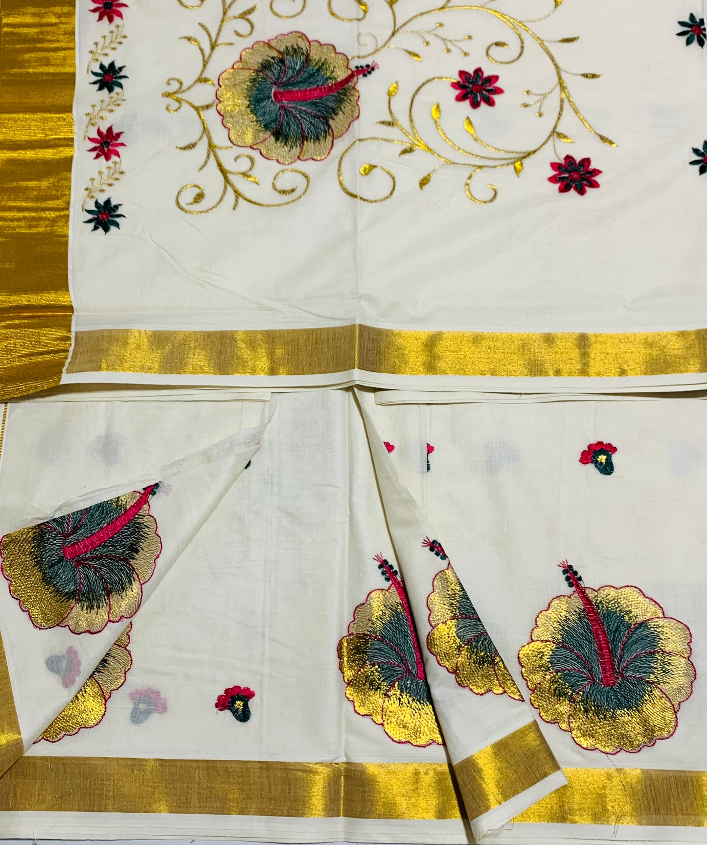 Kerala Cotton Saree Cream Colour with Floral Work Design