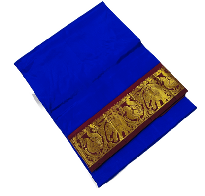 9 yards Pure Kanchipuram Silk Saree Blue Colour with Brown Border