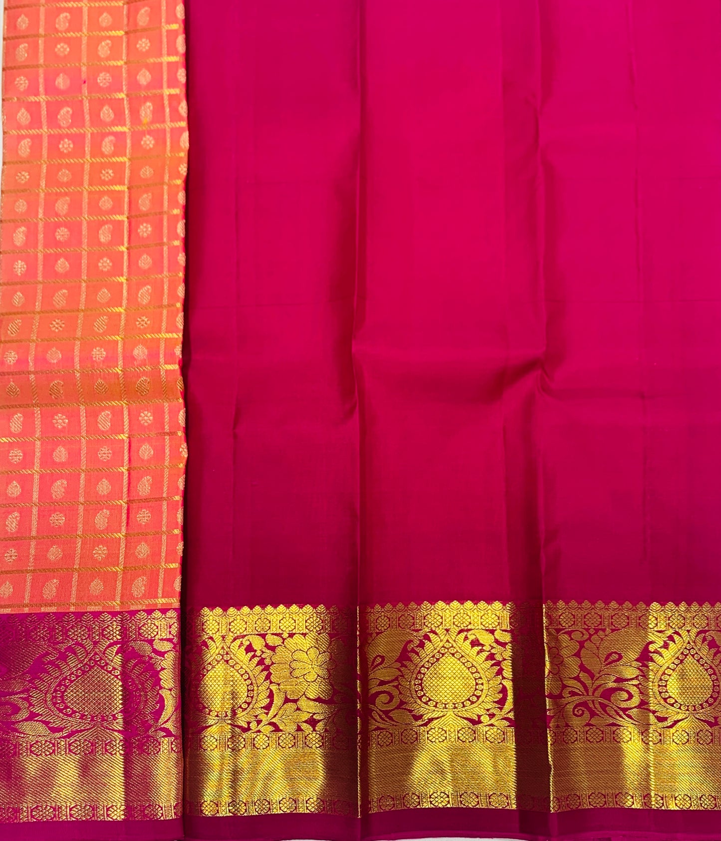 Peach shade Pure kanchipuram Kids Pattu Pavadai with contrast border for newborn to 2 Years