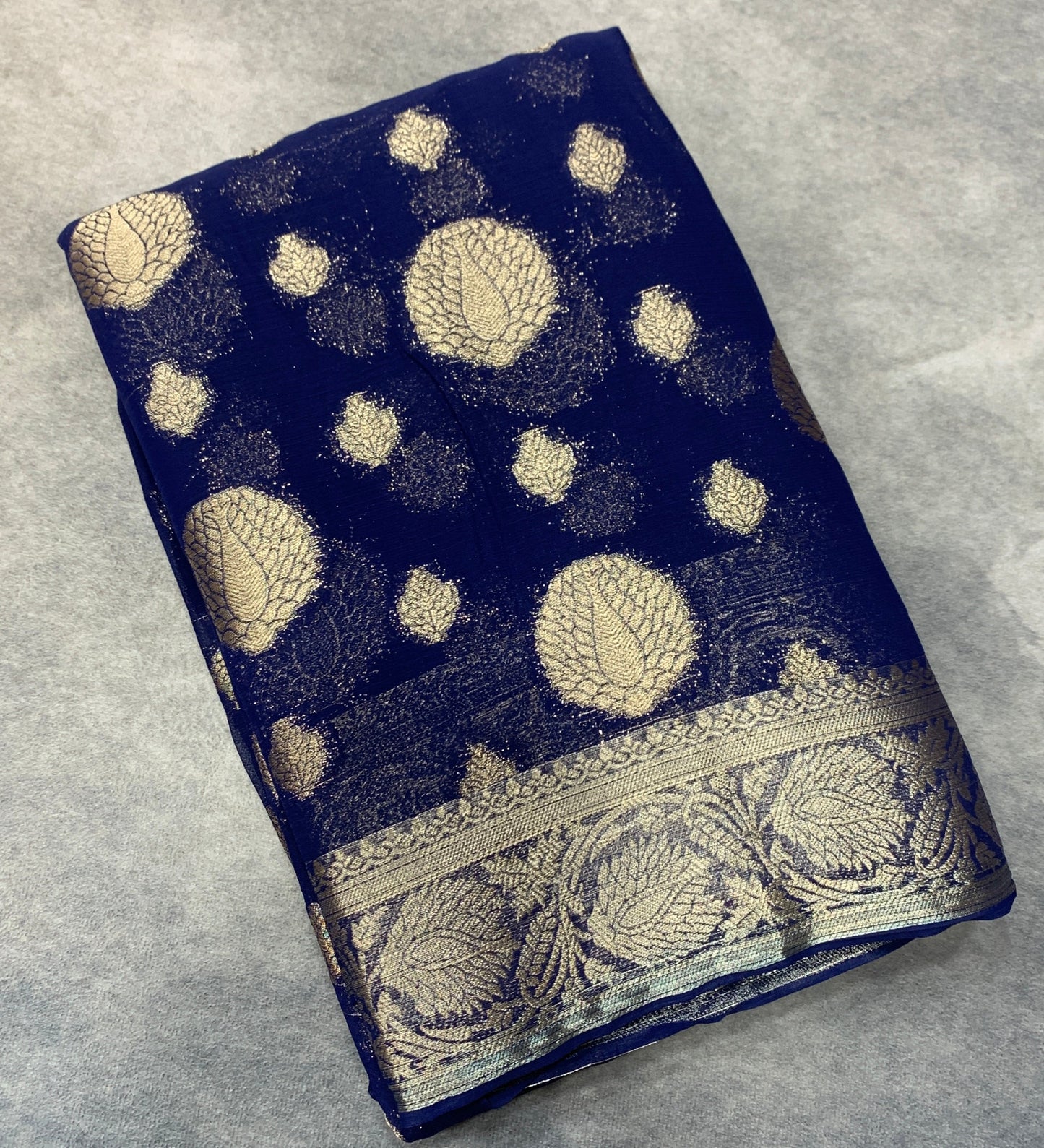 Georgette Saree Navy Blue Colour with Sliver Floral Design Border