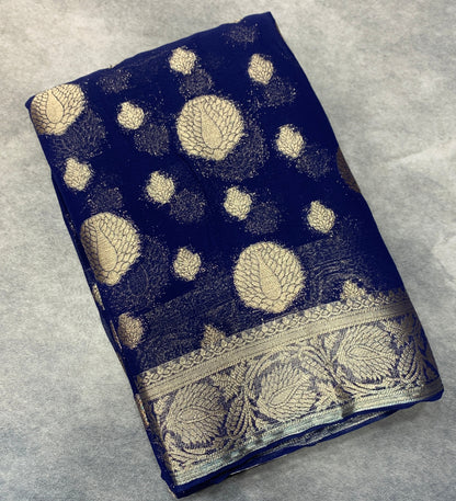 Georgette Saree Navy Blue Colour with Sliver Floral Design Border