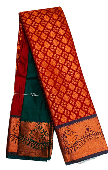 Vegan Silk Saree Maroon Colour with Copper and Green Border