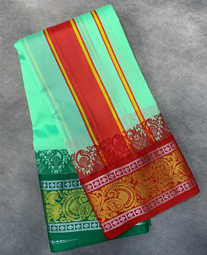 Art Silk Dhothi 9X5 Mint Green Colour with Red and Green Colour Ganga Jamuna Border