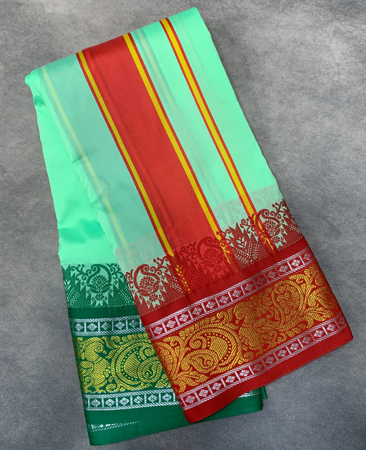 Art Silk Dhothi 9X5 Mint Green Colour with Red and Green Colour Ganga Jamuna Border