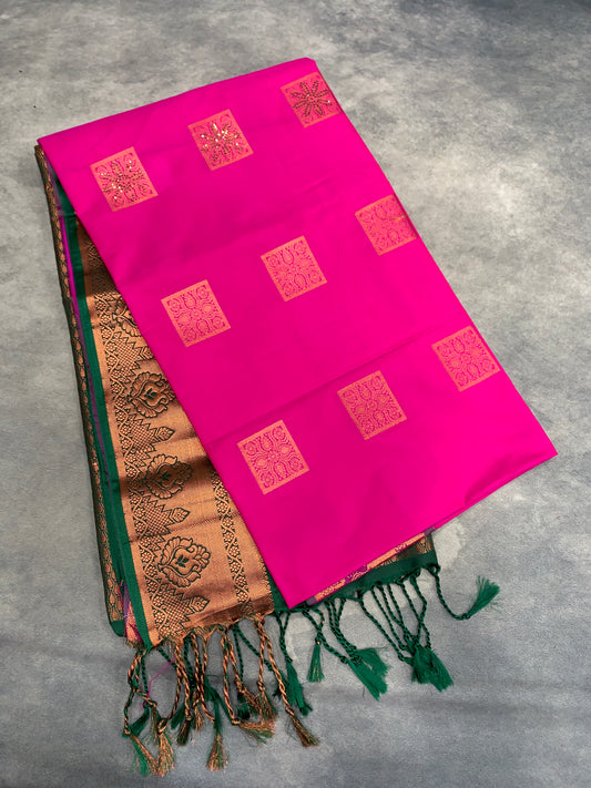 Soft Vegan Silk Saree Pink Colour with Green and Copper Border