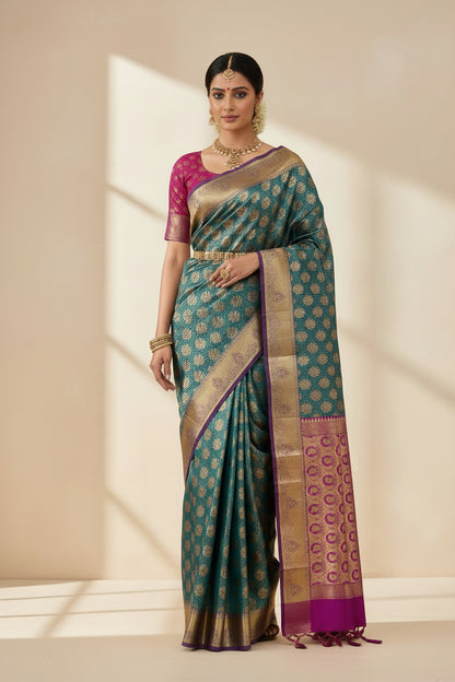 Vegan Silk Saree Green Colour with Pink and Copper Border