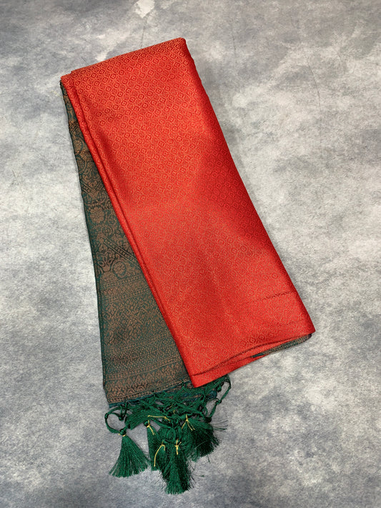 Soft Silk Saree Red Colour with Green Colour Pallu