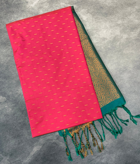 Soft Vegan Silk Saree Rani Pink Colour with Green and Copper Border