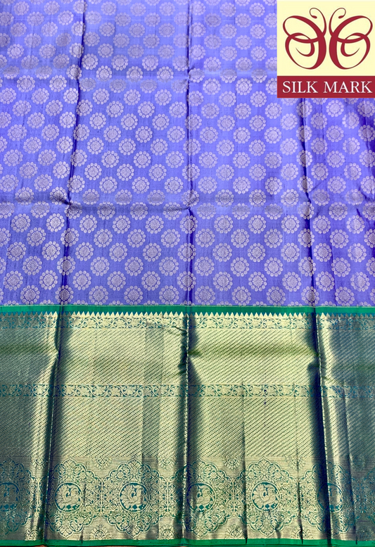 Blue Shade Pure Kanchipuram Kids Pattu Pavadai with Contrast Border for Age Above 10 Years