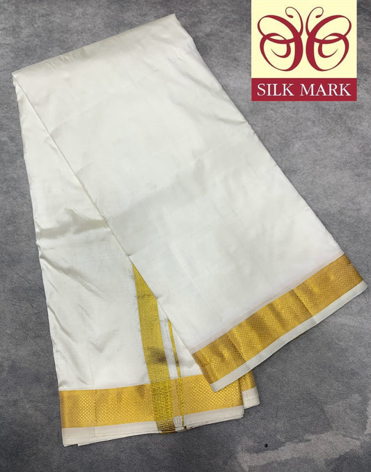 10X6 Pure Silk Dhoti Cream Colour with Golden Zari Border