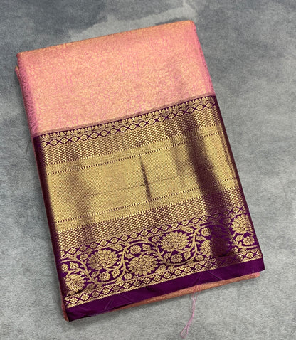 Fancy Tissue Saree Baby Pink Colour with Magenta Colour Floral Design Border