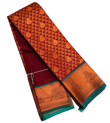 Vegan Silk Saree Maroon Colour with Copper and Green Border
