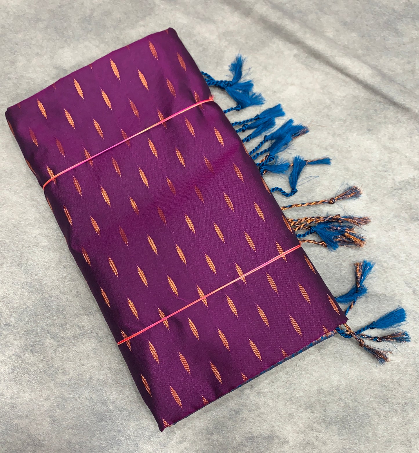 Soft Vegan Silk Saree Magenta Colour with Sky Blue and Copper Border