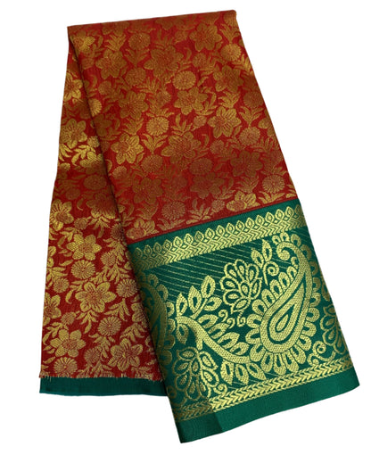 Red Shade Vegan Silk Kids Pattu Pavadai with Contrast border for age 2 to 5