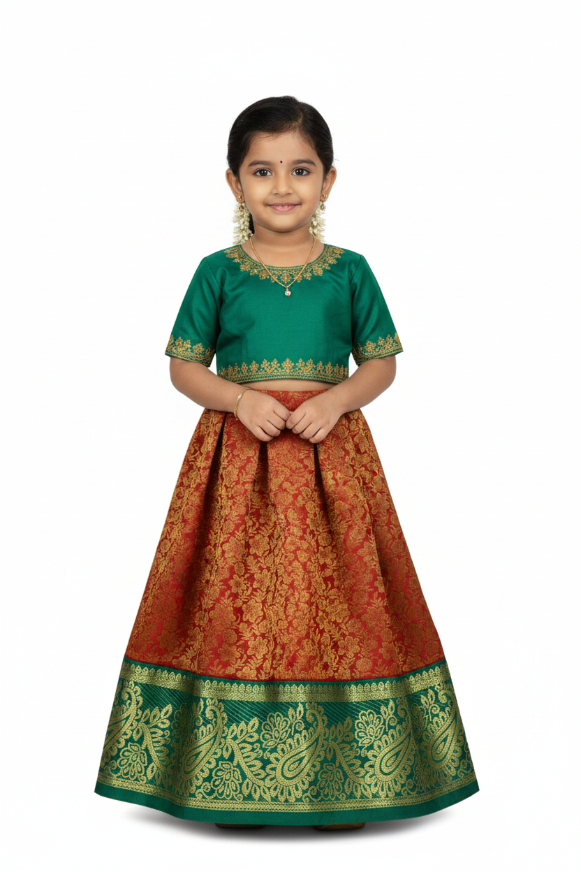 Red Shade Vegan Silk Kids Pattu Pavadai with Contrast border for age 2 to 5