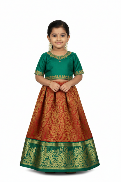 Red Shade Vegan Silk Kids Pattu Pavadai with Contrast border for age 2 to 5