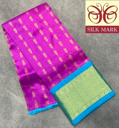 Magenta Shade Pure Kanchipuram Kids Pattu Pavadai with Contrast Border for Newborn to 2 Years