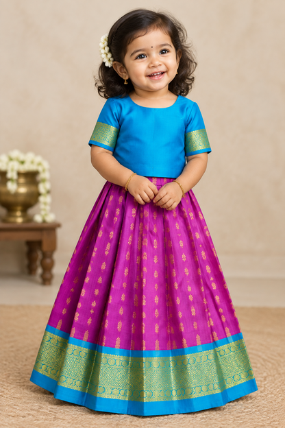 Magenta Shade Pure Kanchipuram Kids Pattu Pavadai with Contrast Border for Newborn to 2 Years