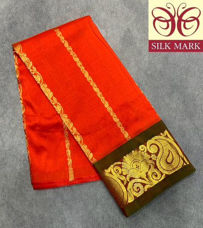 Orange Shade Pure Kanchipuram Kids Pattu Pavadai with Contrast Border for Newborn to 2 Years
