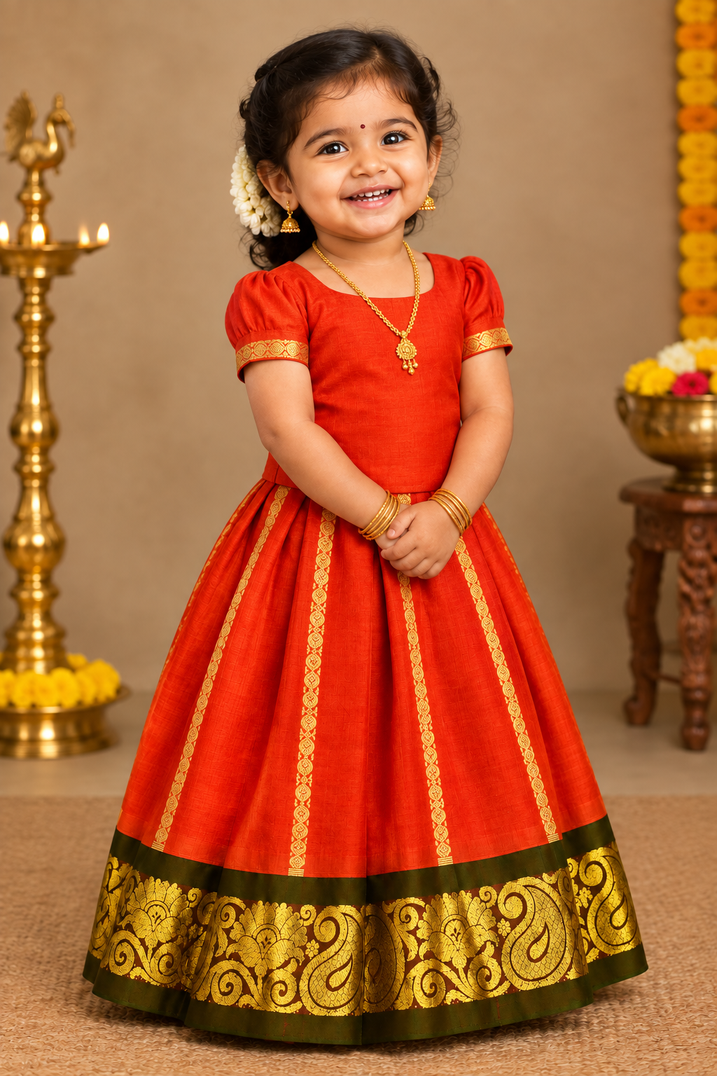 Orange Shade Pure Kanchipuram Kids Pattu Pavadai with Contrast Border for Newborn to 2 Years