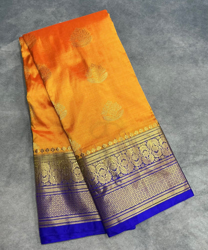 Pure Kanchipuram Silk Mango Yellow Colour with Blue Border