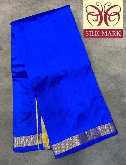 9X5 Pure Silk Dhoti Royal Blue with Small Golden Zari Border