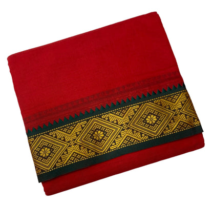 9X5 Cotton Dhoti Red Colour with Green and Blue Border