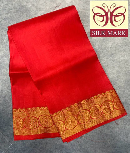 6 Mulam Silk Pooja Towel Red Colour with Golden Border