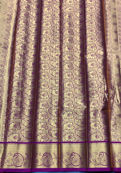 Vegan Silk Saree Olive Green Colour with Pink and Copper Border