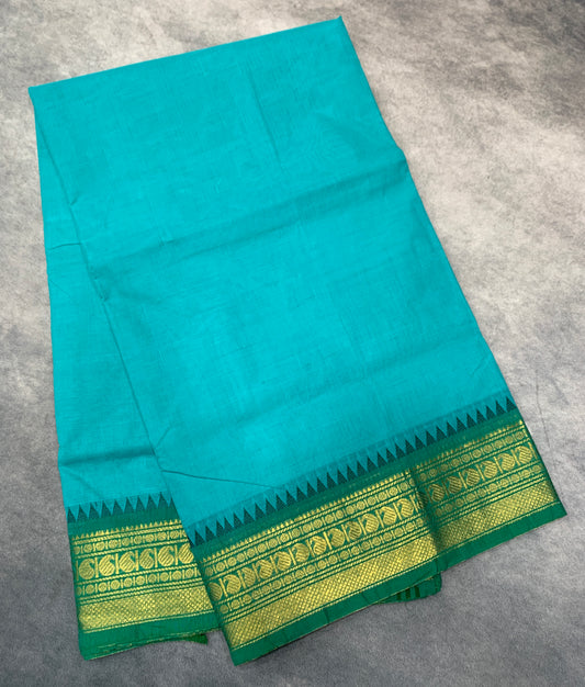 Chettinad Cotton Saree Sapphire Colour with Green Colour Border