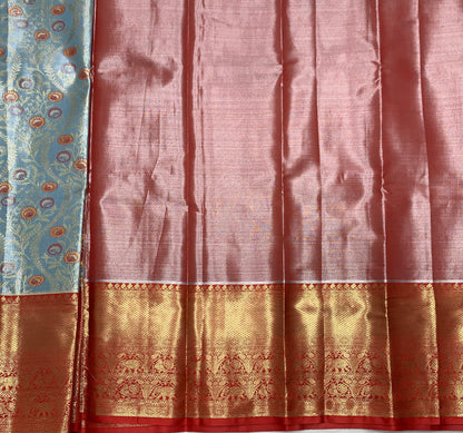 Sky Blue Shade Vegan Silk Kids Pattu Pavadai with Contrast Border for age 2 to 5
