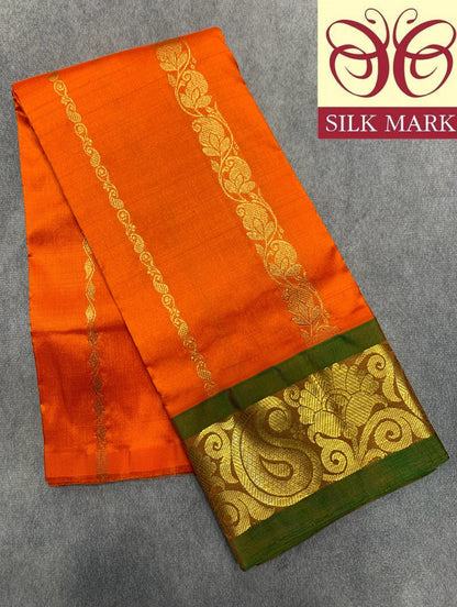 Orange Shade Pure Kanchipuram Kids Pattu Pavadai with Contrast Border for Newborn to 2 Years