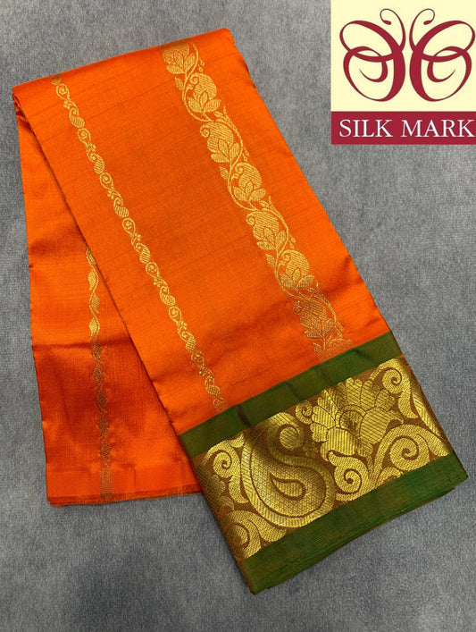 Orange Shade Pure Kanchipuram Kids Pattu Pavadai with Contrast Border for Newborn to 2 Years