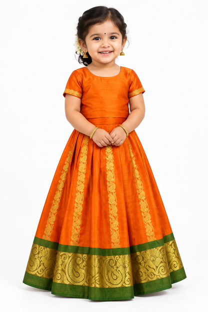 Orange Shade Pure Kanchipuram Kids Pattu Pavadai with Contrast Border for Newborn to 2 Years