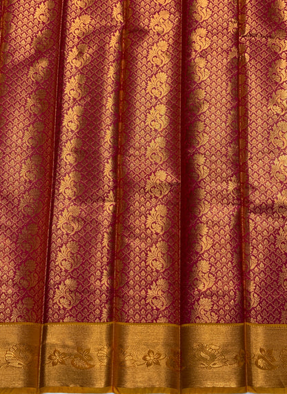 Vegan Silk Saree Pink Colour with Copper and Golden Yellow Border