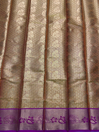 Vegan Silk Saree Golden Yellow Colour with Copper and Pink Border